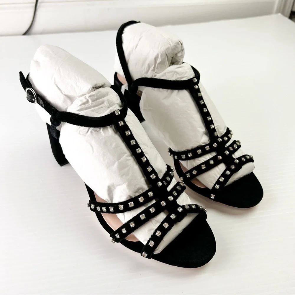 LOEFFLER RANDALL Sandal Womens 7.5  Black Elena Strappy Velvet Block-Heel Shoes